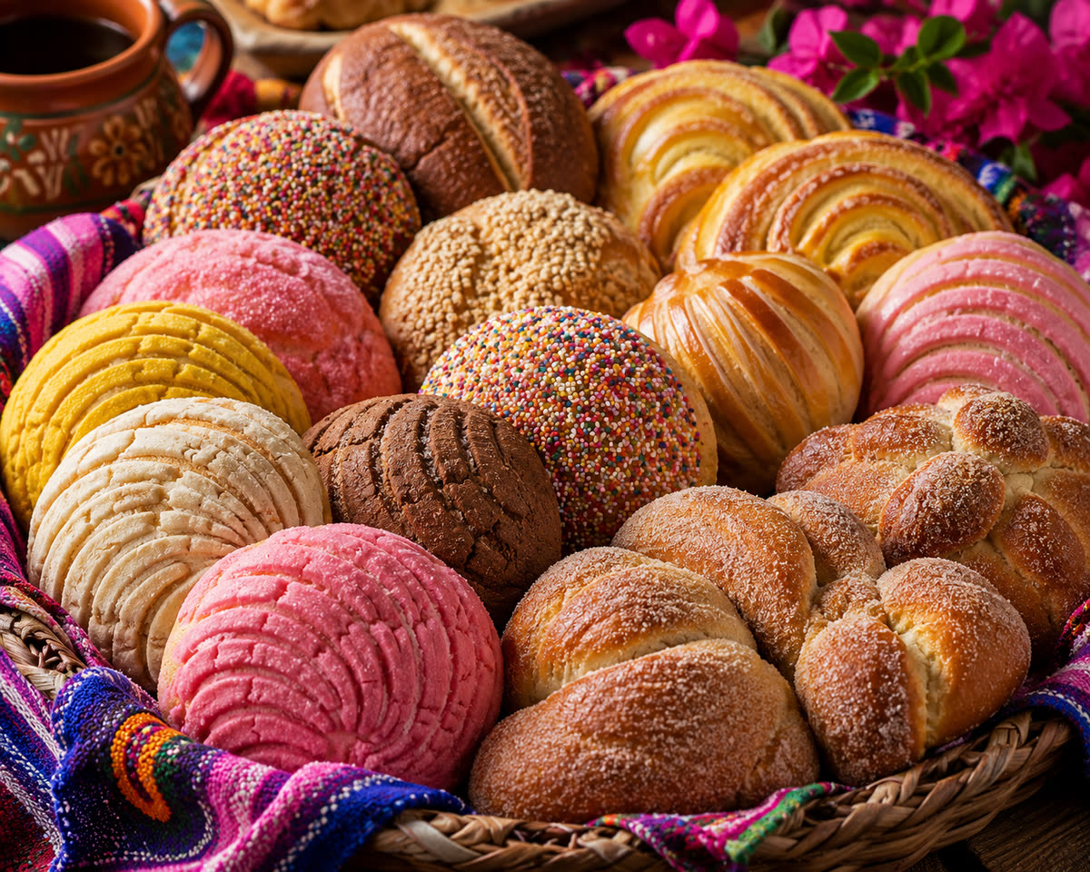 Basket of fresh conchas and pan dulce