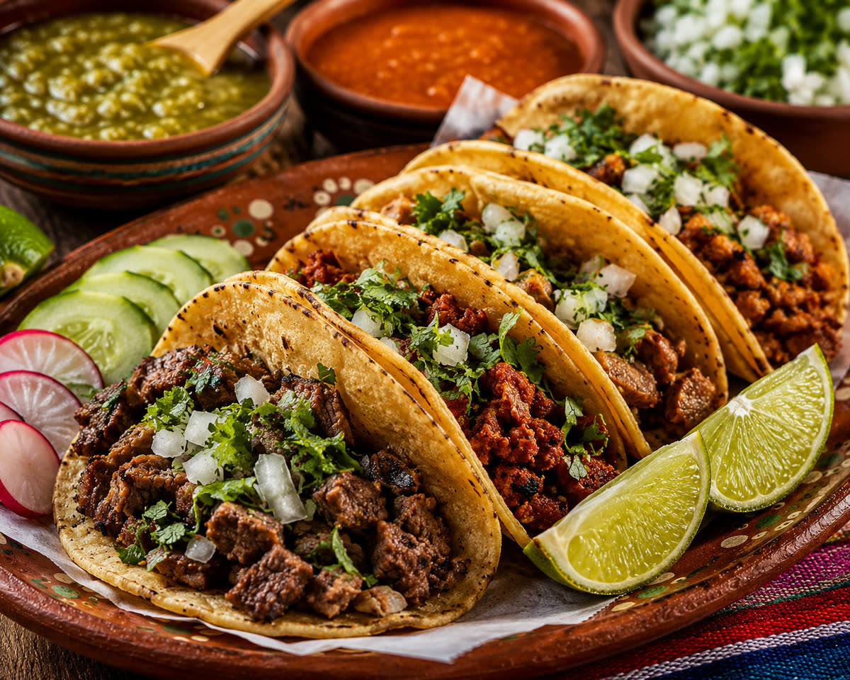 Street tacos with cilantro, onion and lime