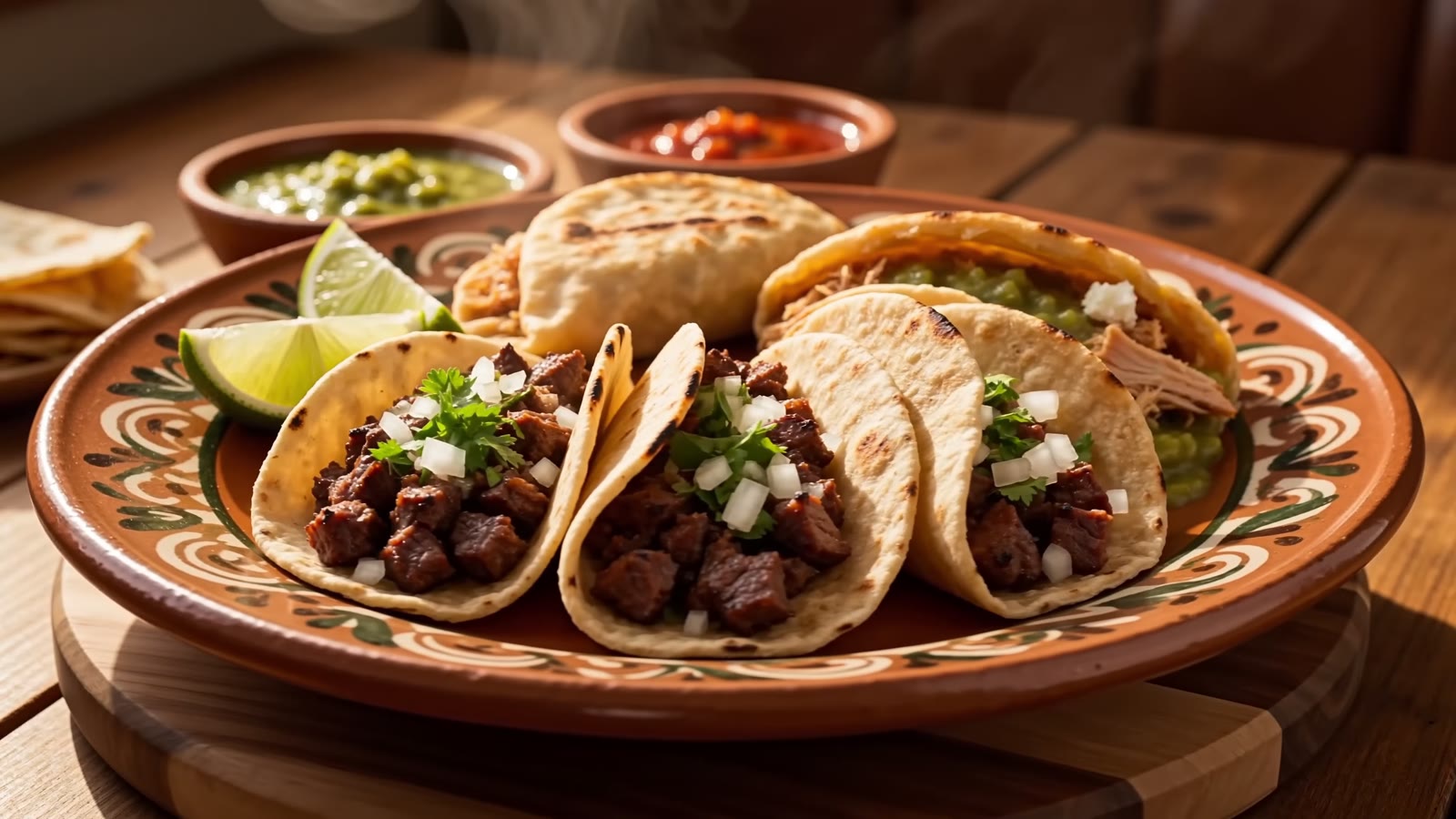 Steaming tacos and gorditas on a clay plate